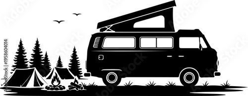 Vector illustration of black camper van with tent and trees