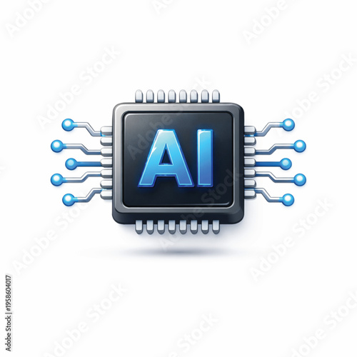 Futuristic Technological Illustration showing an AI processor chip icon on a white background