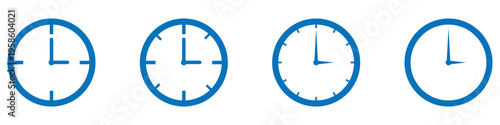 set of four minimalist blue clock faces with white hands on transparent background