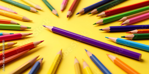 Vibrant colored pencils arranged radially on a bright yellow backgr...