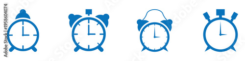 Set of four blue alarm clocks with different times for time management concept