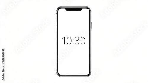 Smartphone mockup with digital clock showing 1030 isolated on white background blank screen template for app design UI presentation or mobile interface concept minimalist tech gadg