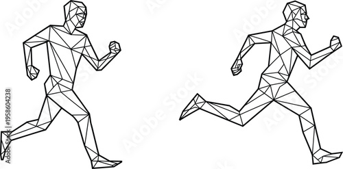 Geometric Running Silhouettes Rendered in Minimalist Low Poly Wireframe Outlines Representing Digital Motion and Human Performance.