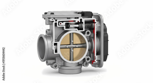 Ultra Realistic Throttle Body Internal Cutaway View Isolated on White Background, Automotive Engineering Component Detail