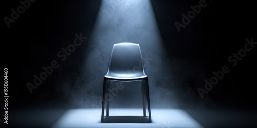 Empty chair under a bright spotlight in a smoky dark room