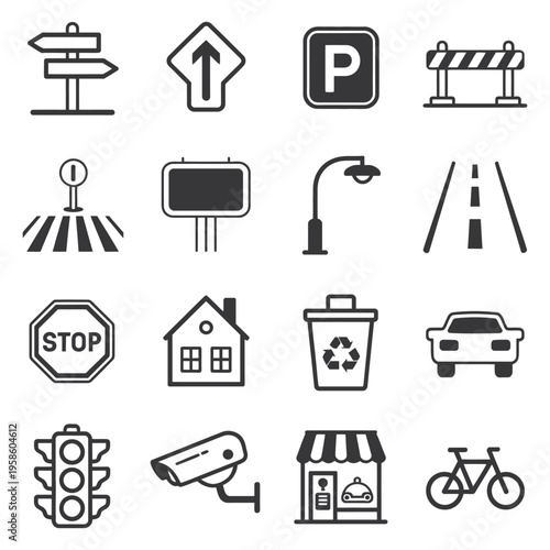 Street Icons Set, Line with Fill Design Vector Illustration for Urban Navigation, City Infrastructure, Road Elements, and Modern Interface UI and Graphic Design Projects