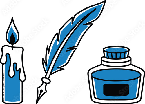 Vintage Blue Stationery Set Featuring a Burning Candle Blue Quill Pen and Glass Inkwell Bottle.