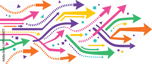 Vector illustration of four human silhouettes in squares with arrows pointing in different directions for global business strategy and growth