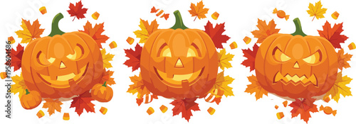 Halloween pumpkin set with autumn leaves and candy, jack o lantern faces collection, festive fall vector illustration isolated on white background