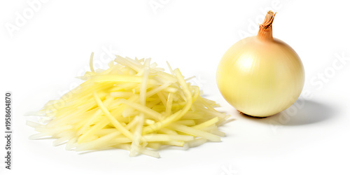 Whole yellow onion with a pile of freshly sliced onions on white.