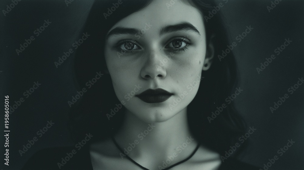 Fototapeta premium Portrait of a woman with dark makeup and soft lighting in a moody tone, conveying emotion, introspection, and cinematic beauty with a minimal dark background.