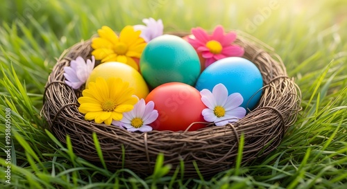 Wallpaper Mural Easter eggs in a basket on grass with flowers springtime holiday decoration Torontodigital.ca