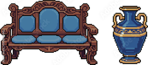 Exquisite Blue Velvet Ornamental Wooden Settee and Matching Cobalt Grecian Vase Pixel Art Interior Assets