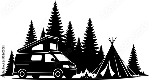 Camping, outdoor adventure, silhouette illustration, black and white, vector graphics, travel, exploration, camping icons