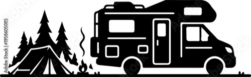 Camping RV, motorhome, caravan, black silhouette, outdoor adventure, travel