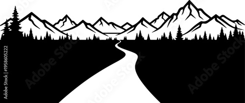 Mountain range landscape silhouette, road through forest, black and white vector illustration, scenic mountain view