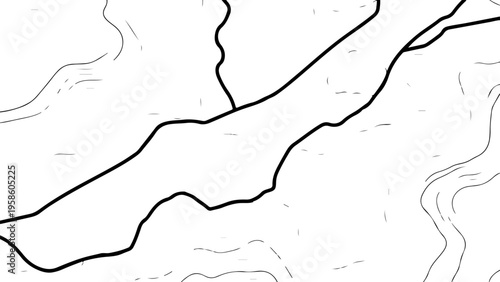 Black and white topographic map contours, vector terrain lines, geographic illustration, landscape design element