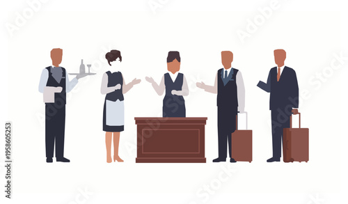 Hospitality staff serving guests vector illustration with waiter receptionist and concierge in uniform isolated on white