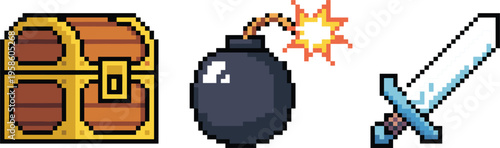 Pixel Art Fantasy Game Assets Collection Featuring Wooden Treasure Chest Lit Bomb and Steel Sword.