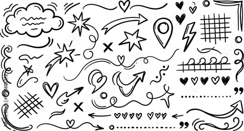 Whimsical hand drawn doodle set featuring black ink hearts stars arrows clouds and decorative swirls for creative bullet journaling and scrapbooking