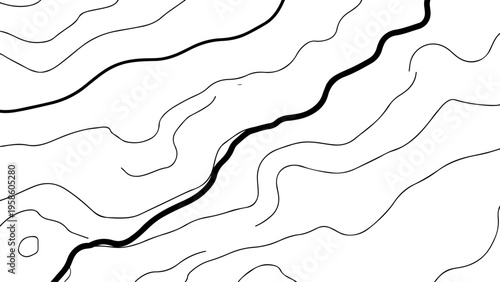 Topographic map, contour lines, black and white vector illustration, geographic design element