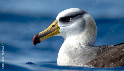 Albatross with bright orange beak resting on rocky shore by ocean waves