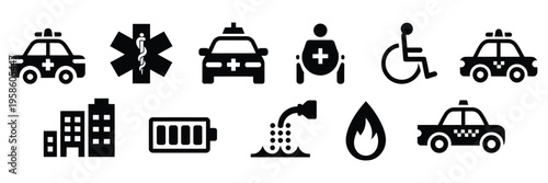 Emergency icons collection featuring medical symbols, rescue vehicles, and natural disaster elements, vector illustration set for safety, disaster response