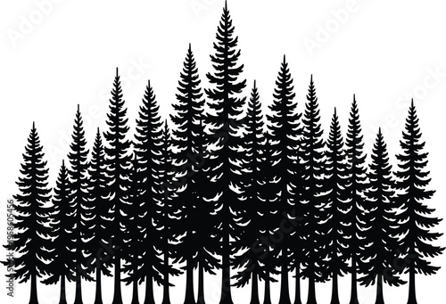 Symmetrical pine tree forest silhouette with layered composition, balanced heights, artistic black and white minimalist nature illustration design