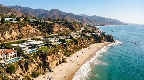 Aerial view of luxury homes on a cliff overlooking a sandy beach and ocean drone shot
