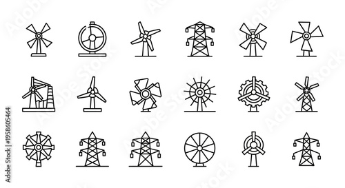 Collection of High Voltage Electric Transmission Tower Icons in Line Art Style