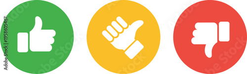 Like, Dislike, and Neutral Thumb Icon, solid style vector illustration in green, yellow, and red, representing feedback, rating, user response, and approval or disapproval concept.