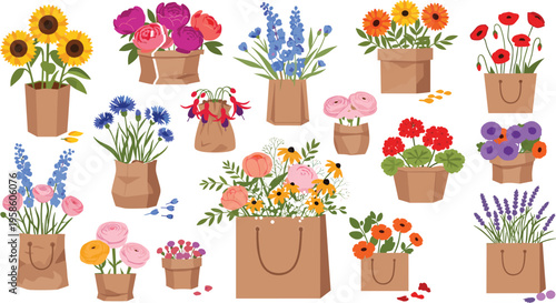 Hand Drawn Market Fresh Floral Bouquet Collection in Brown Paper Bags Featuring Sunflowers Pansies Geraniums and Lavender for Rustic Spring Gift and Eco Friendly Retail Branding Designs