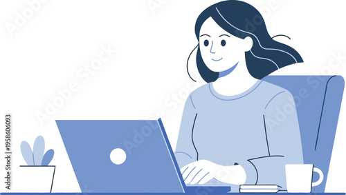 Female professional works diligently on a laptop computer while seated at a.