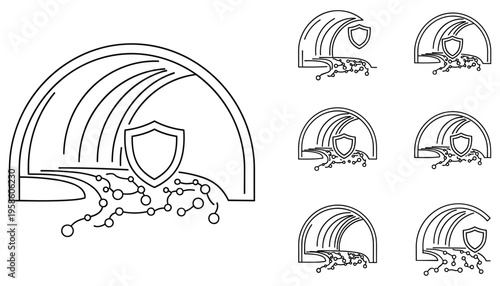 Data security icons featuring secure network shield and encrypted tunnel for cyber security technology systems