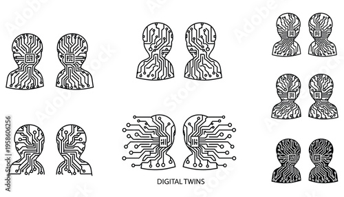 Digital twins technology circuit head icons set for artificial intelligence and data simulation use