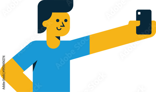 Cheerful young man cheerfully takes a self-portrait using his smartphone.