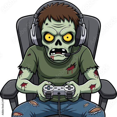 Zombie gamer with headset playing video game, cartoon horror vector illustration of undead character holding controller in intense gaming session