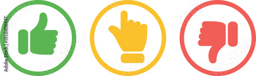 Like, Dislike, and Neutral Thumb Icon, flat outline vector illustration in green, yellow, and red, representing user feedback, rating system, approval, disapproval, and neutral response concept.