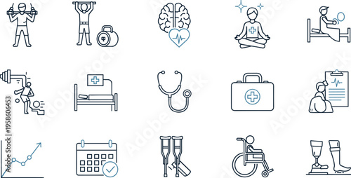 Physical rehabilitation icons for physiotherapy disability support medical recovery and healthcare exercise vector