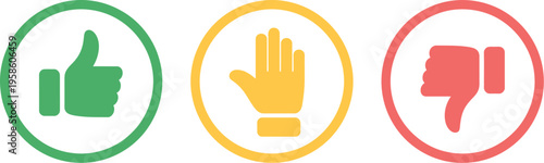 Like, Dislike, and Neutral Thumb Icon, flat outline vector illustration in green, yellow, and red, representing user feedback, rating system, approval, disapproval, and neutral response concept.