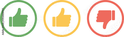 Like, Dislike, and Neutral Thumb Icon, flat outline vector illustration in green, yellow, and red, representing user feedback, rating system, approval, disapproval, and neutral response concept.