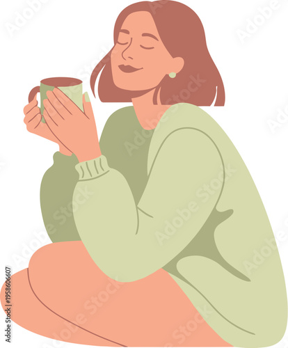 Woman relaxes contentedly while warmly clutching a cozy ceramic mug in her.
