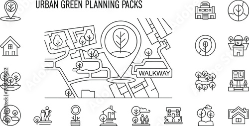 Urban green planning icons set for sustainable city map park walkway and eco friendly architecture vector