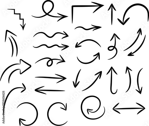 Collection of hand-drawn arrow icons diverse directional symbols for navigation and design elements isolated on white background
