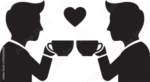 Vector art of black silhouette of a couple toasting with coffee cups and a heart