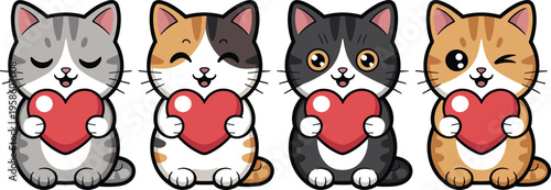 Adorable cat set holding red hearts with playful expressions for kids vector illustrations