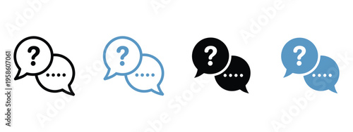 FAQ icon set, paired speech bubbles with question mark and ellipsis sign, support and help sign for messaging and inquiry UI, answer symbol, talk pictogram