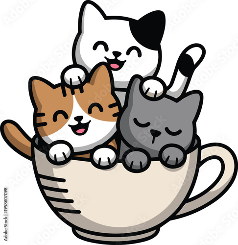 Adorable cat trio sitting in a teacup with playful expressions for kids vector illustrations