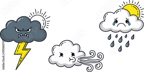 Kawaii Storm Weather Vector Set Featuring Grumpy Thundercloud with Lightning Blowing Wind and Sad Rainy Cloud with Vintage Hand Etched Texture for Kids Graphic Designs