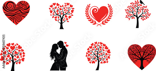 Romantic set of red heart icons, love trees with heart leaves, couple silhouette, and decorative floral valentine elements for wedding design.